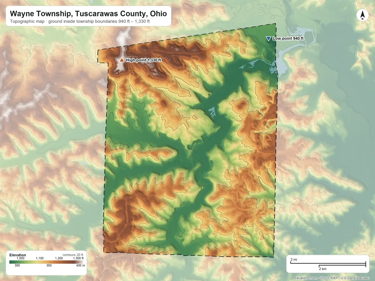 Topographic elevation map of Wayne Township, Tuscarawas County, Ohio, shaded from 940 ft on the northeast side to 1,330 ft on the northwest side