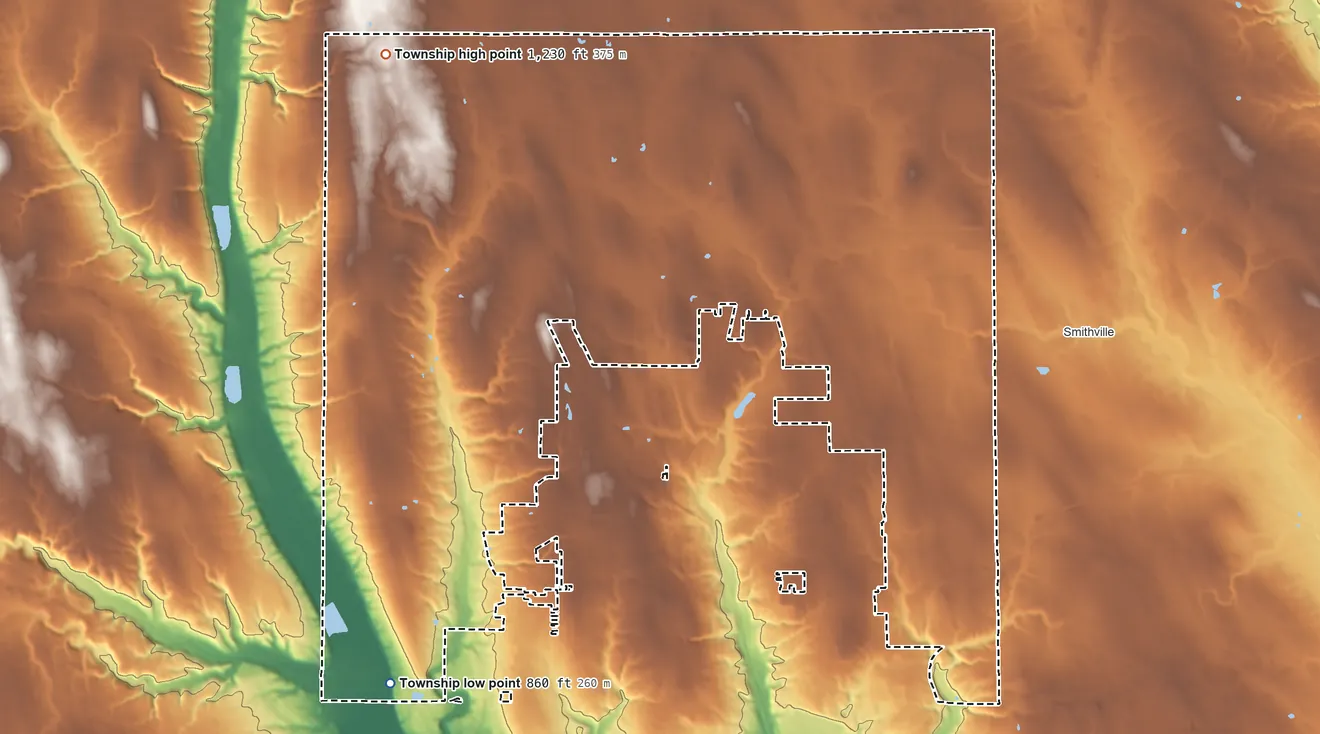 Topographic elevation map of Wayne Township, Wayne County, Ohio, shaded from 860 ft on the southwest side to 1,230 ft on the northwest side