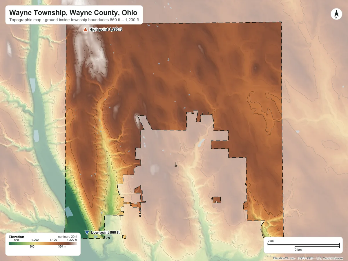 Topographic elevation map of Wayne Township, Wayne County, Ohio, shaded from 860 ft on the southwest side to 1,230 ft on the northwest side