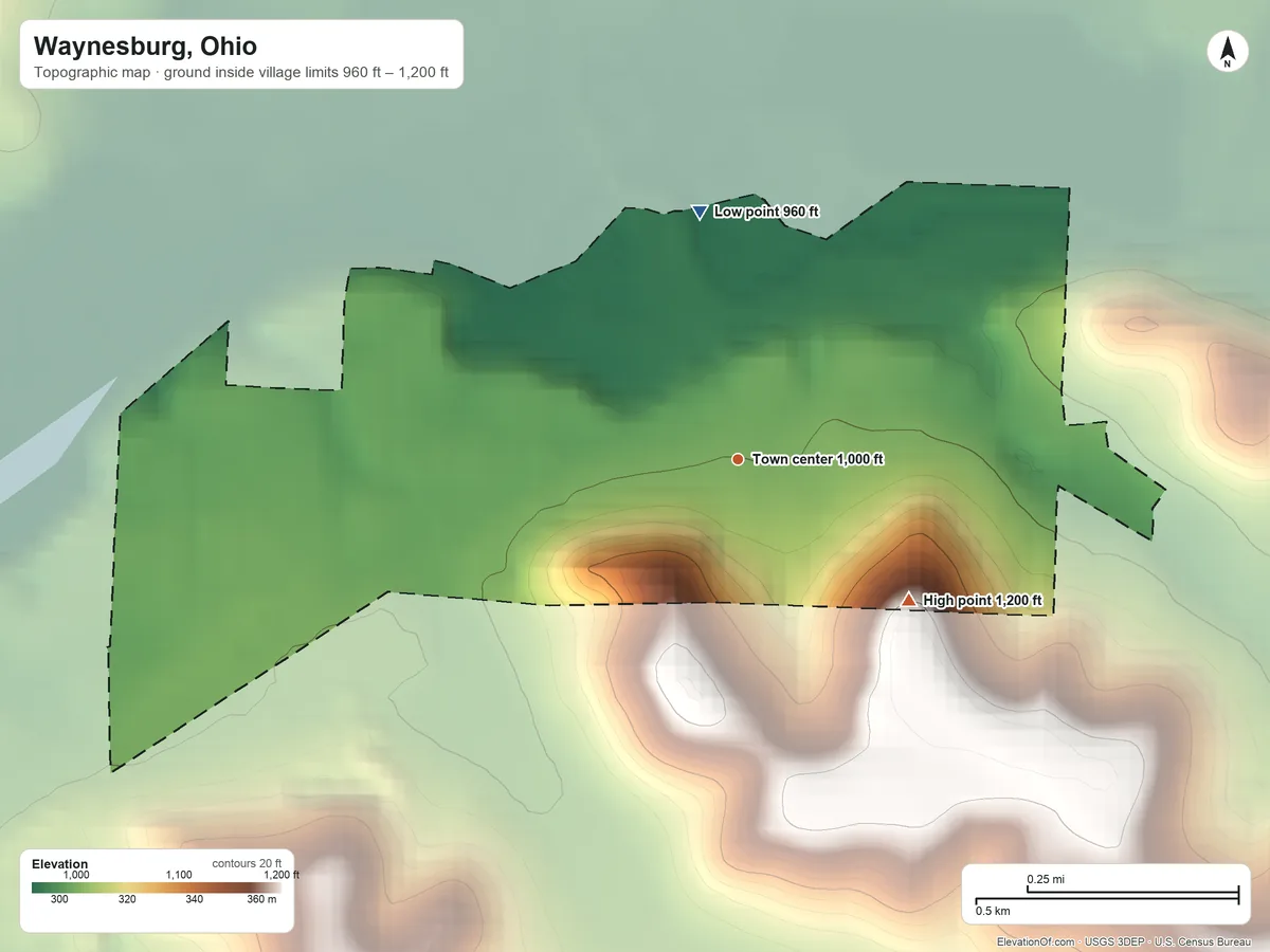 Topographic elevation map of Waynesburg, Ohio, shaded from 960 ft on the north side to 1,200 ft on the southeast side
