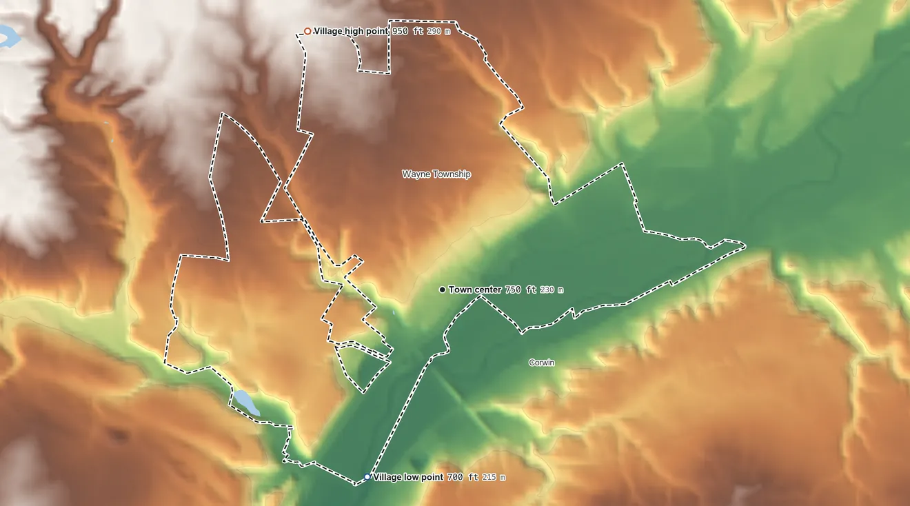 Topographic elevation map of Waynesville, Ohio, shaded from 700 ft on the south side to 950 ft on the northwest side