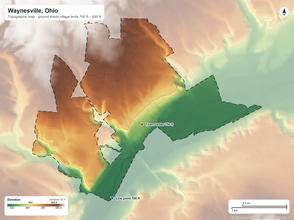 Topographic elevation map of Waynesville, Ohio, shaded from 700 ft on the south side to 950 ft on the northwest side
