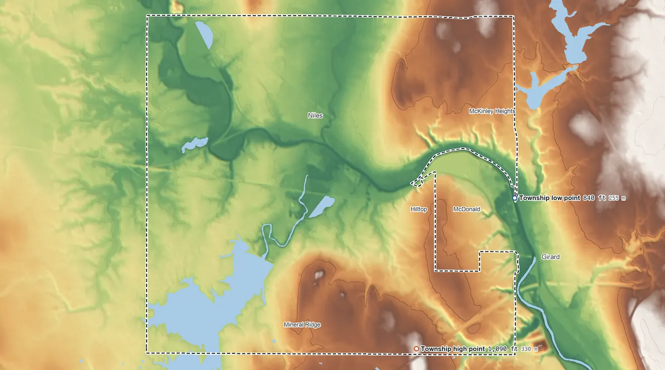 Topographic elevation map of Weathersfield Township, Ohio, shaded from 840 ft on the east side to 1,090 ft on the south side