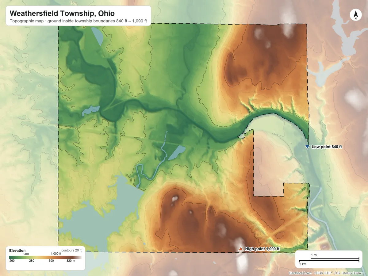 Topographic elevation map of Weathersfield Township, Ohio, shaded from 840 ft on the east side to 1,090 ft on the south side