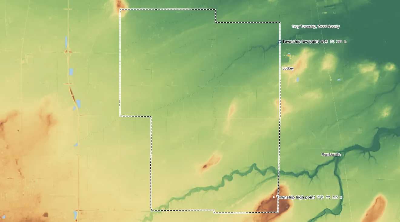 Topographic elevation map of Webster Township, Ohio, shaded from 640 ft on the northeast side to 710 ft on the southeast side