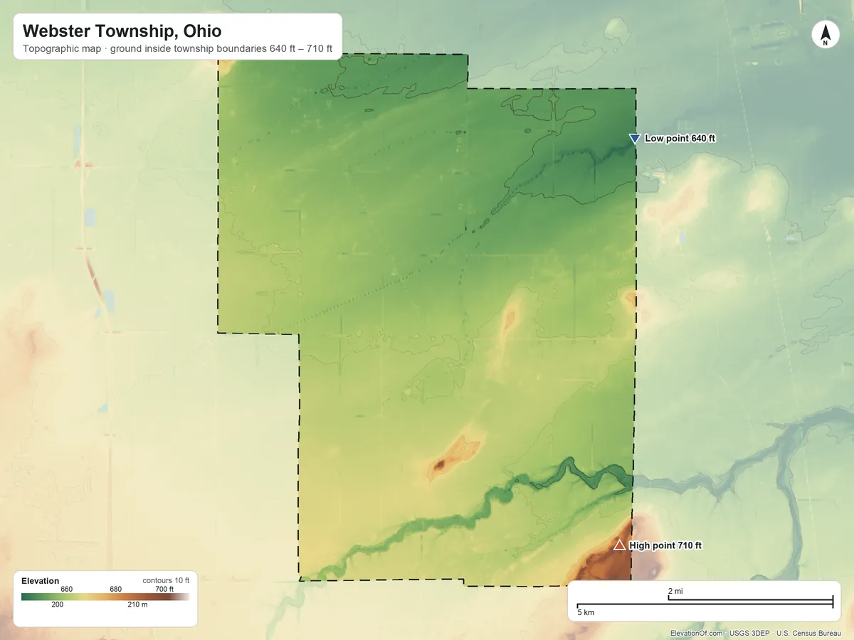 Topographic elevation map of Webster Township, Ohio, shaded from 640 ft on the northeast side to 710 ft on the southeast side