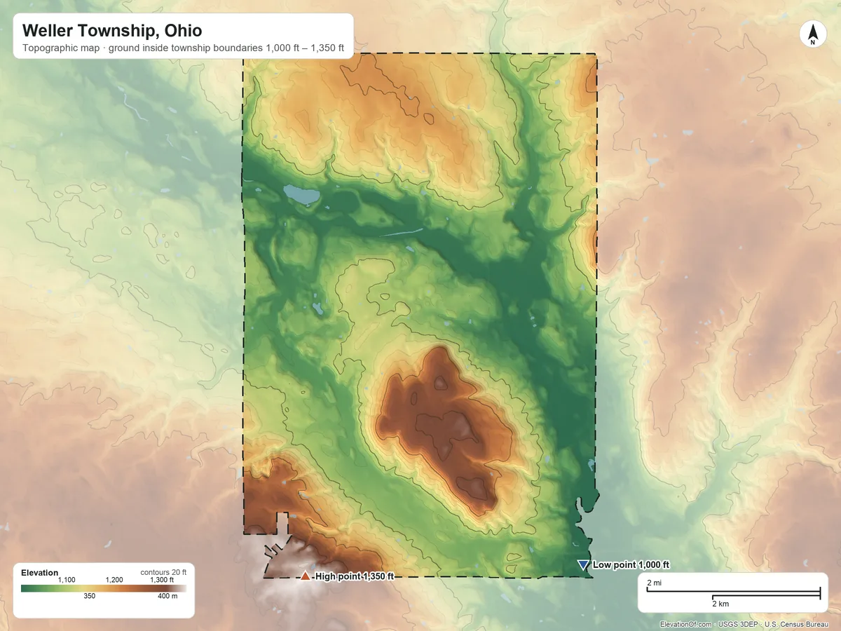 Topographic elevation map of Weller Township, Ohio, shaded from 1,000 ft on the southeast side to 1,350 ft on the southwest side