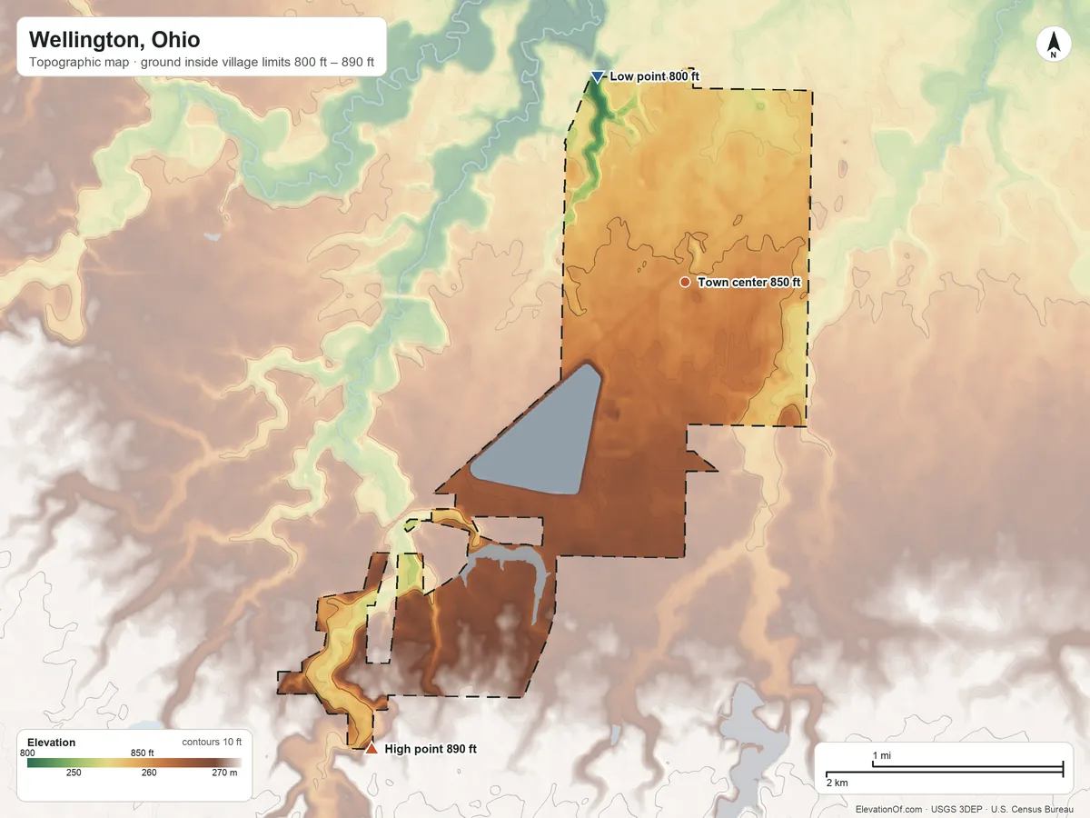 Topographic elevation map of Wellington, Ohio, shaded from 800 ft on the northwest side to 890 ft on the southwest side