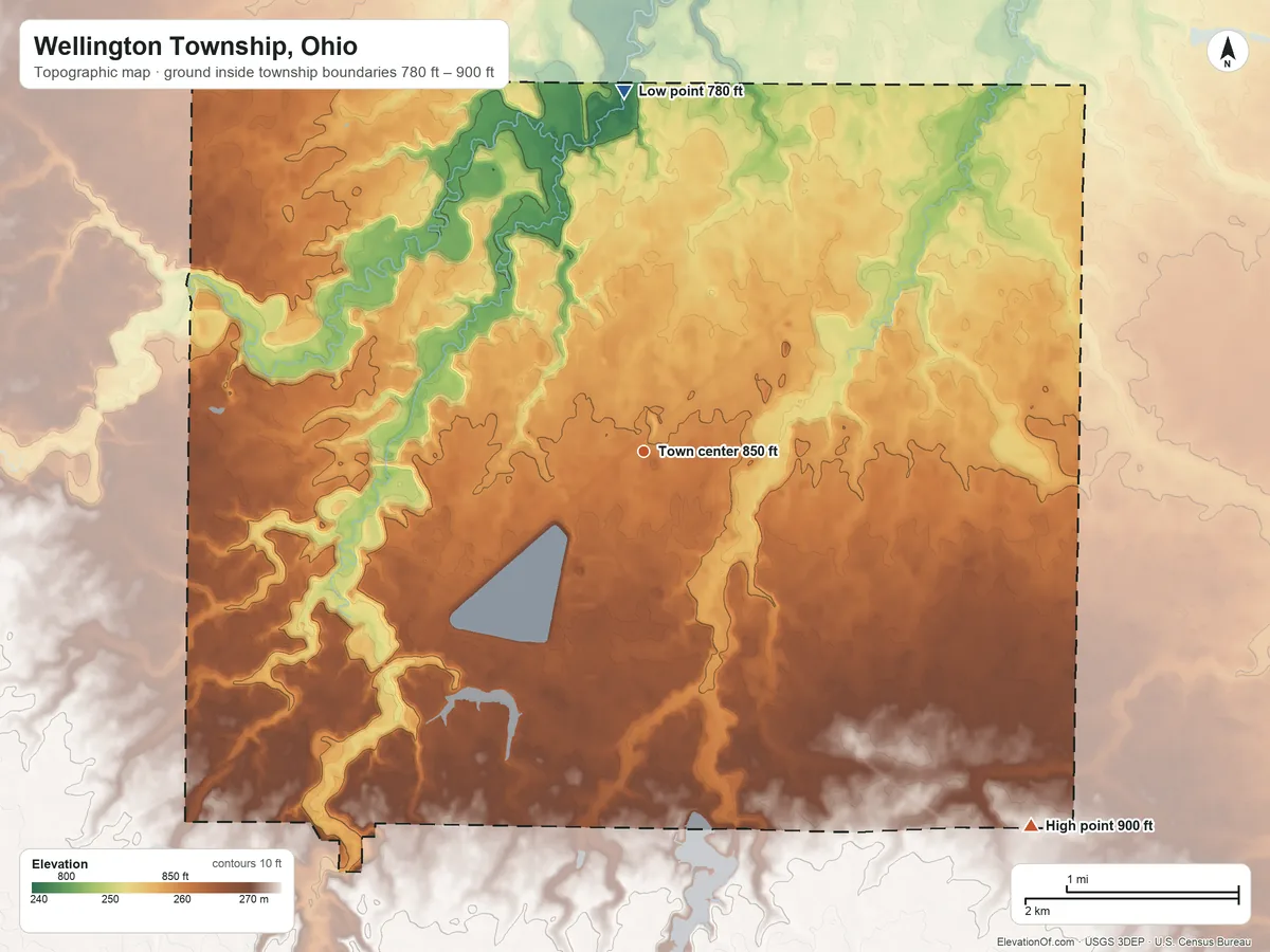 Topographic elevation map of Wellington Township, Ohio, shaded from 780 ft on the north side to 900 ft on the southeast side