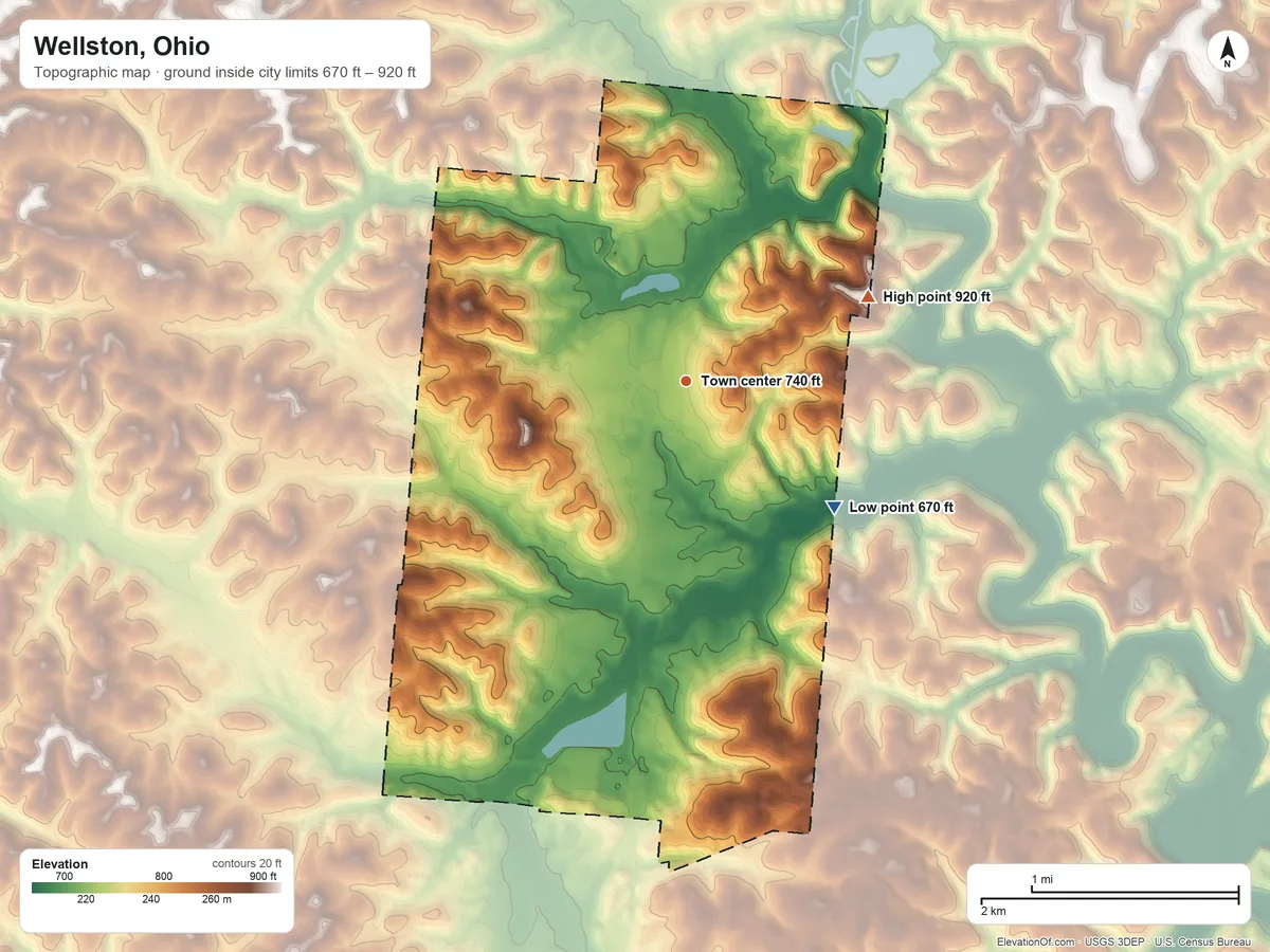 Topographic elevation map of Wellston, Ohio, shaded from 670 ft on the southeast side to 920 ft on the northeast side