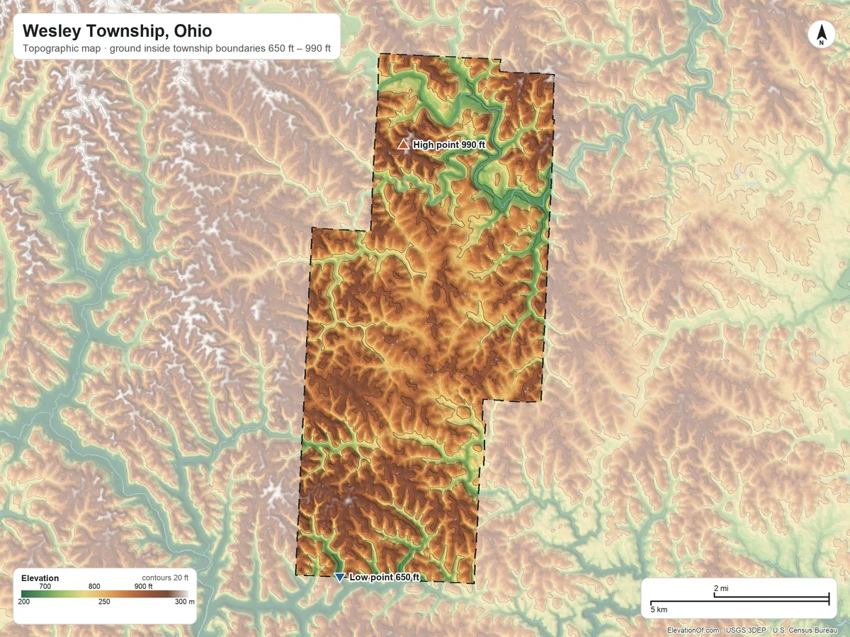 Topographic elevation map of Wesley Township, Ohio, shaded from 650 ft on the south side to 990 ft on the north side