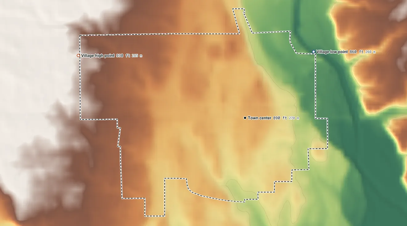 Topographic elevation map of West Alexandria, Ohio, shaded from 860 ft on the northeast side to 930 ft on the west side