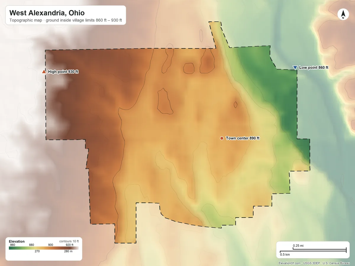 Topographic elevation map of West Alexandria, Ohio, shaded from 860 ft on the northeast side to 930 ft on the west side
