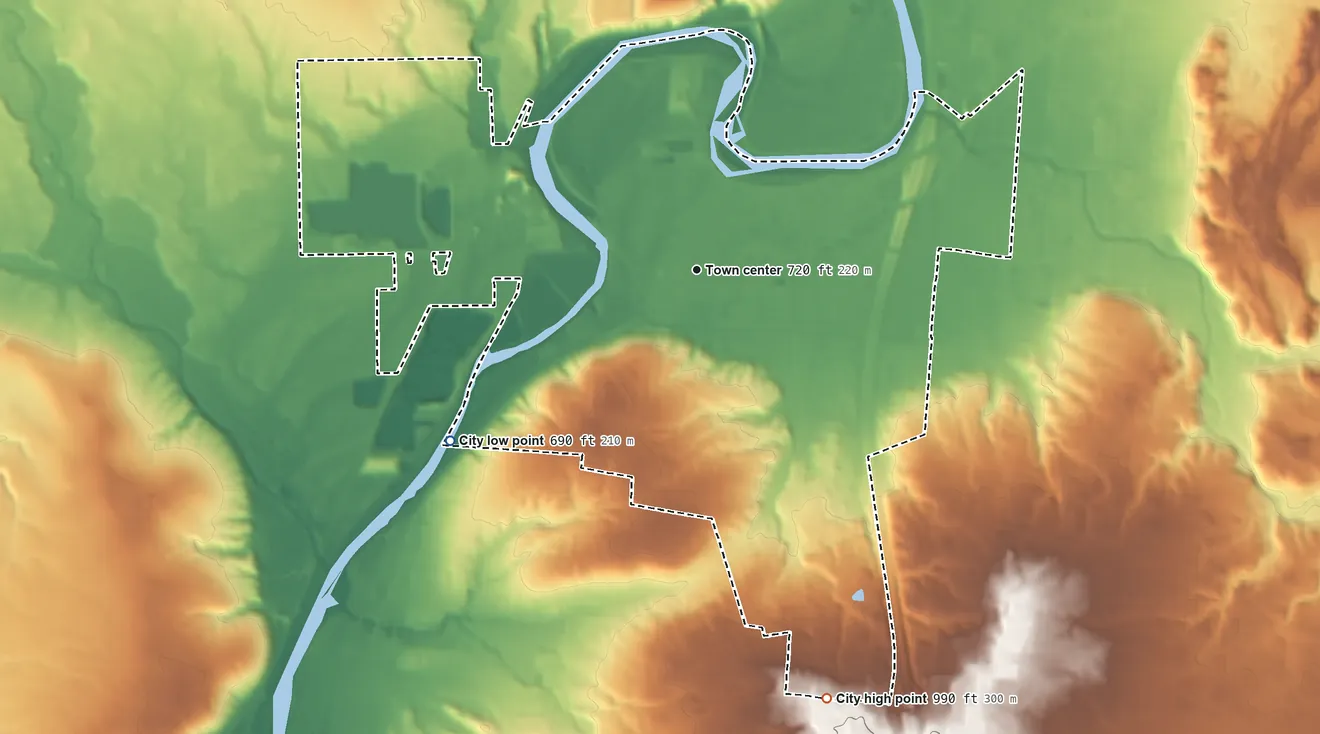 Topographic elevation map of West Carrollton, Ohio, shaded from 690 ft on the southwest side to 990 ft on the south side