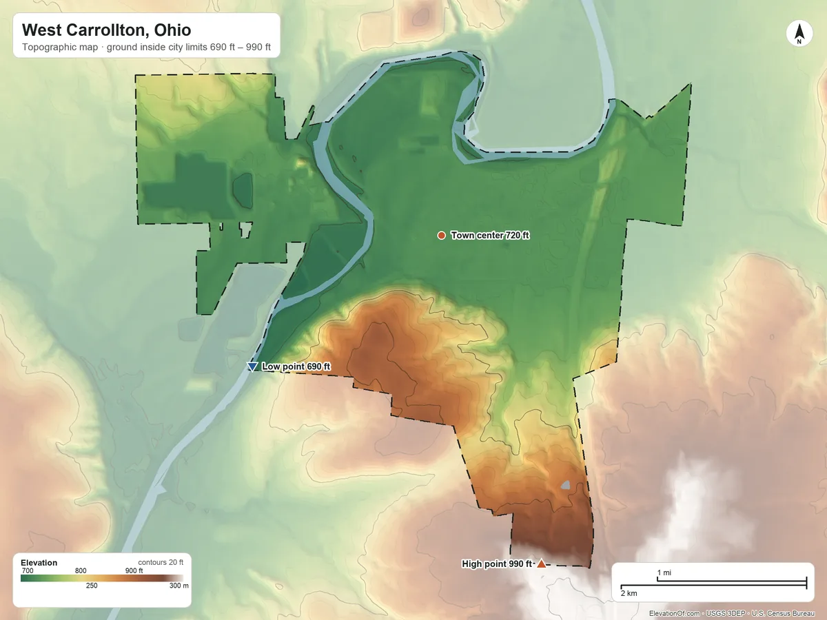 Topographic elevation map of West Carrollton, Ohio, shaded from 690 ft on the southwest side to 990 ft on the south side