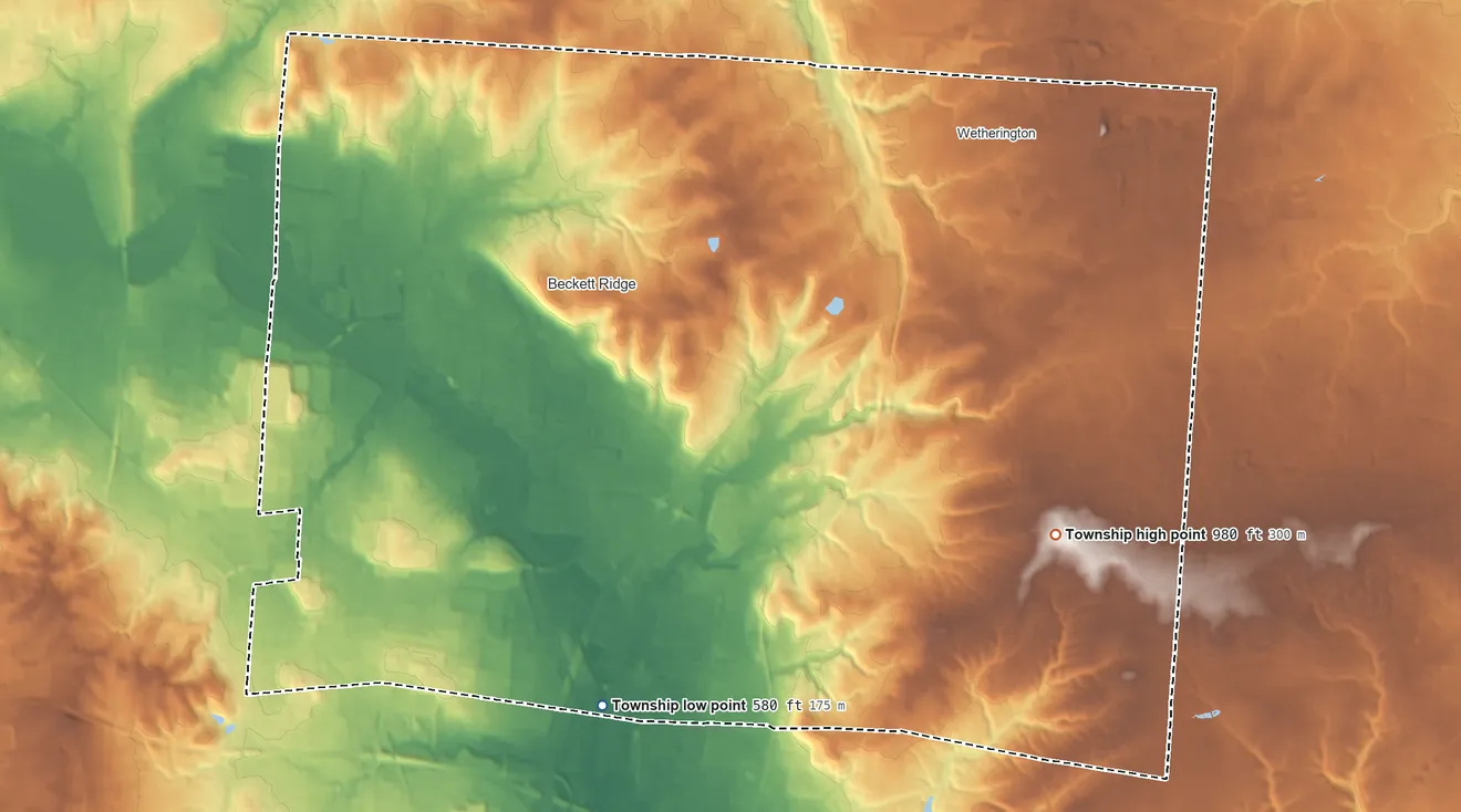 Topographic elevation map of West Chester Township, Ohio, shaded from 580 ft on the south side to 980 ft on the southeast side