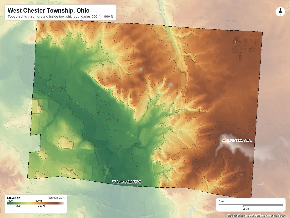 Topographic elevation map of West Chester Township, Ohio, shaded from 580 ft on the south side to 980 ft on the southeast side