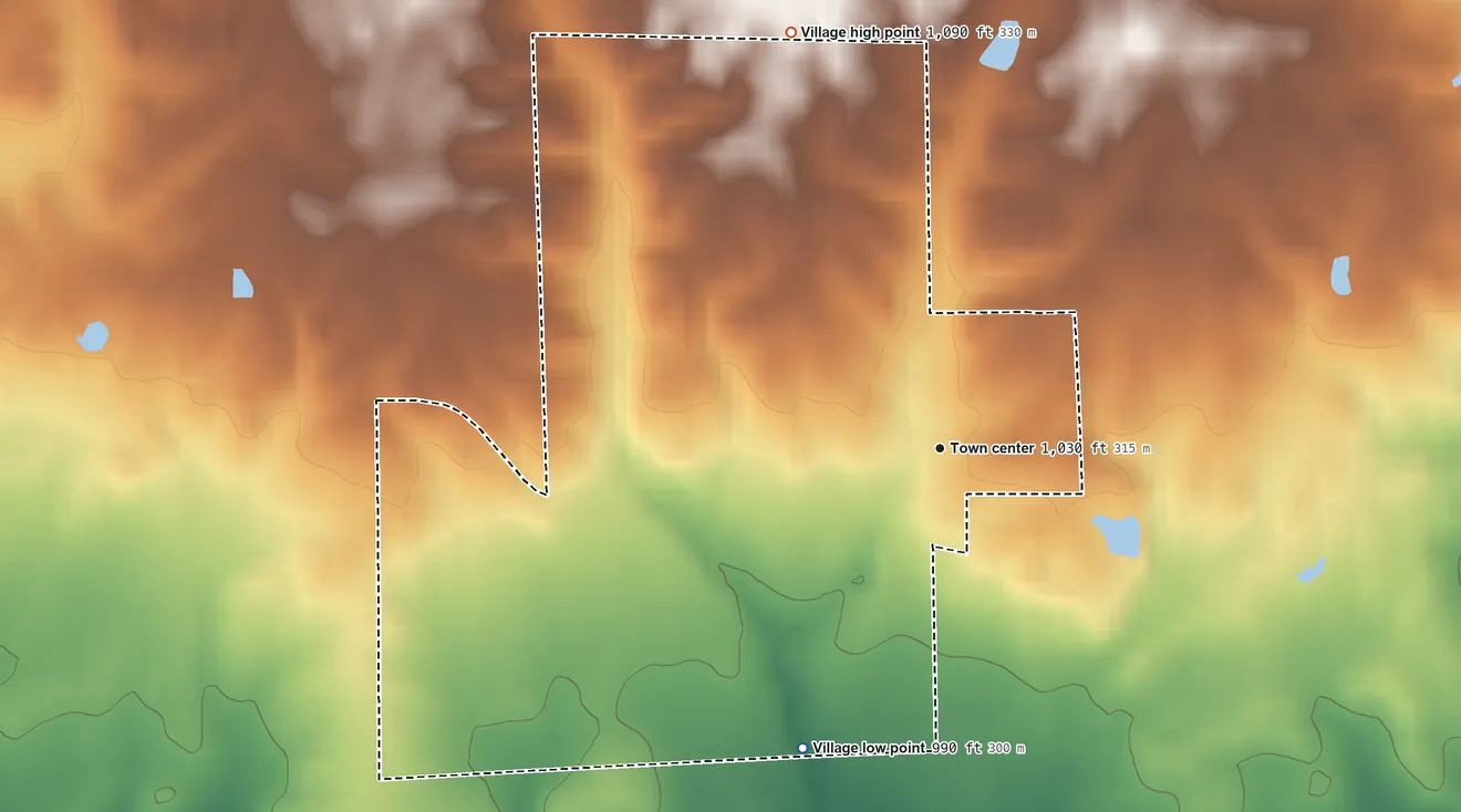 Topographic elevation map of West Elkton, Ohio, shaded from 990 ft on the southwest side to 1,090 ft on the north side
