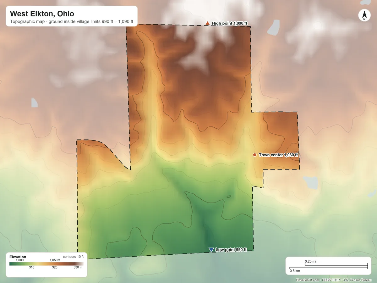 Topographic elevation map of West Elkton, Ohio, shaded from 990 ft on the southwest side to 1,090 ft on the north side