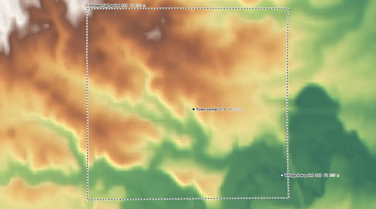 Topographic elevation map of West Farmington, Ohio, shaded from 840 ft on the southeast side to 910 ft on the northwest side