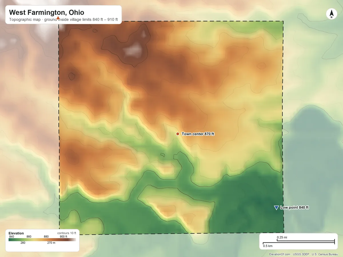 Topographic elevation map of West Farmington, Ohio, shaded from 840 ft on the southeast side to 910 ft on the northwest side