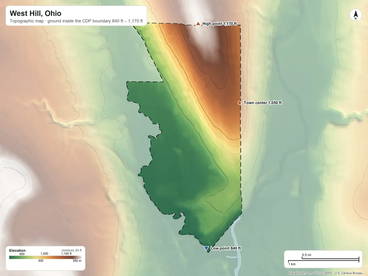 Topographic elevation map of West Hill, Ohio, shaded from 840 ft on the south side to 1,170 ft on the northwest side