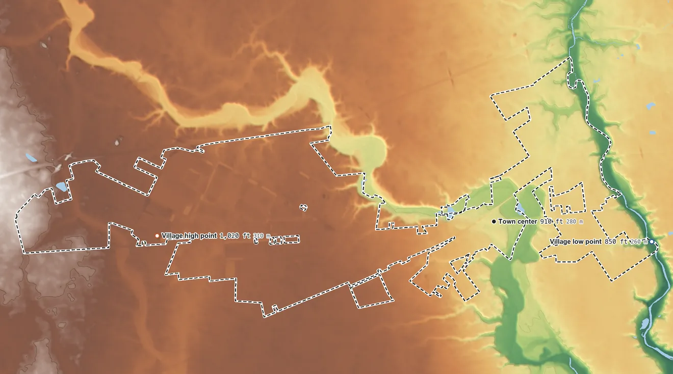 Topographic elevation map of West Jefferson, Ohio, shaded from 850 ft on the east side to 1,020 ft on the west side
