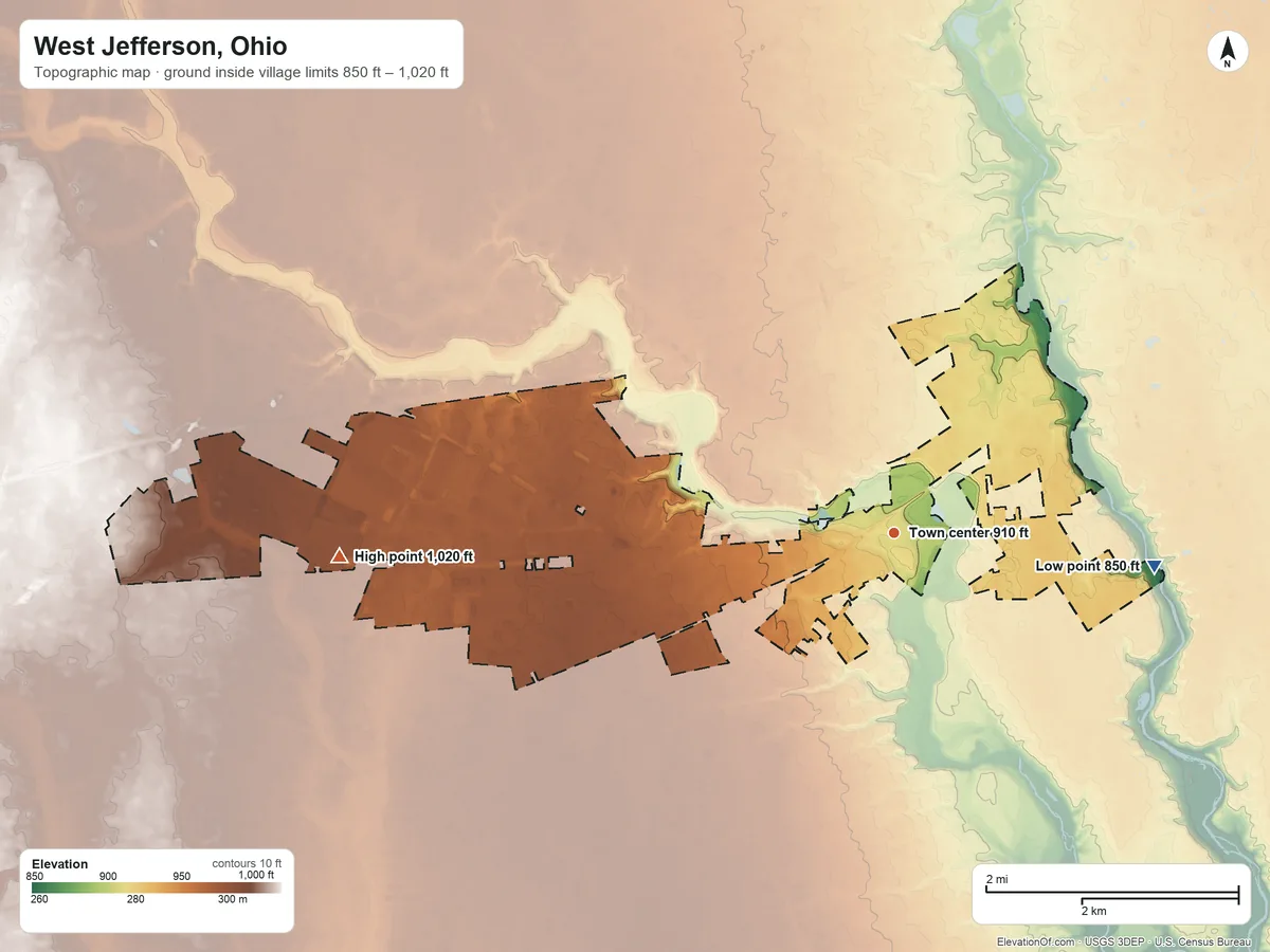 Topographic elevation map of West Jefferson, Ohio, shaded from 850 ft on the east side to 1,020 ft on the west side