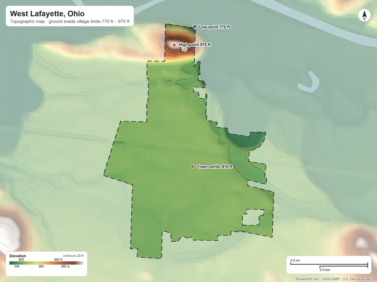 Topographic elevation map of West Lafayette, Ohio, shaded from 770 ft on the north side to 970 ft on the north side