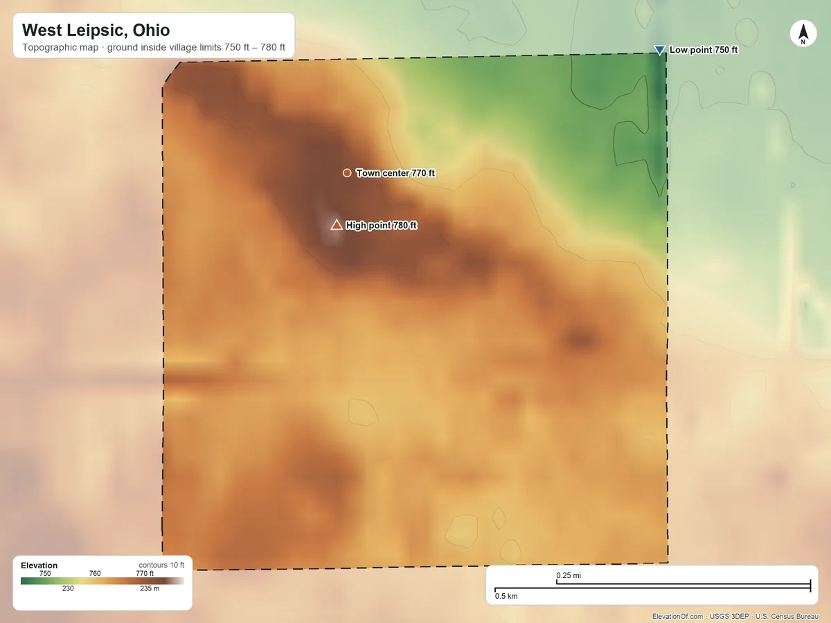 Topographic elevation map of West Leipsic, Ohio, shaded from 750 ft on the east side to 780 ft near the middle
