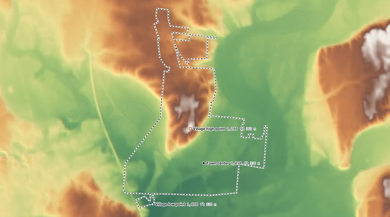 Topographic elevation map of West Liberty, Ohio, shaded from 1,080 ft on the southwest side to 1,200 ft on the north side