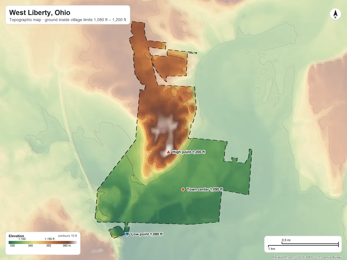 Topographic elevation map of West Liberty, Ohio, shaded from 1,080 ft on the southwest side to 1,200 ft on the north side