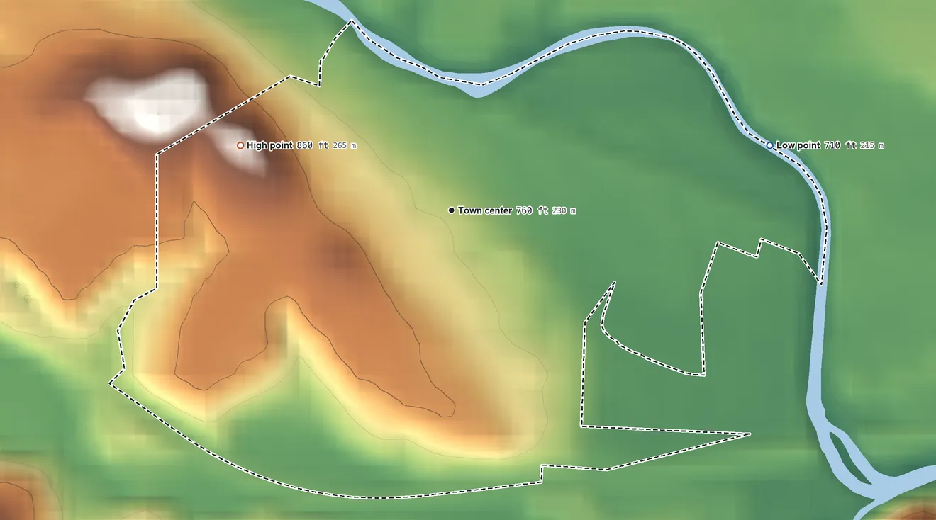 Topographic elevation map of West Logan, Ohio, shaded from 710 ft on the east side to 860 ft on the west side