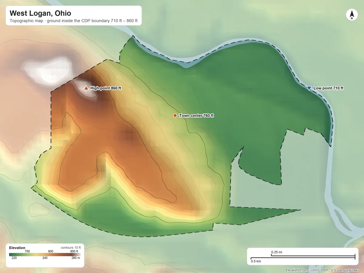 Topographic elevation map of West Logan, Ohio, shaded from 710 ft on the east side to 860 ft on the west side