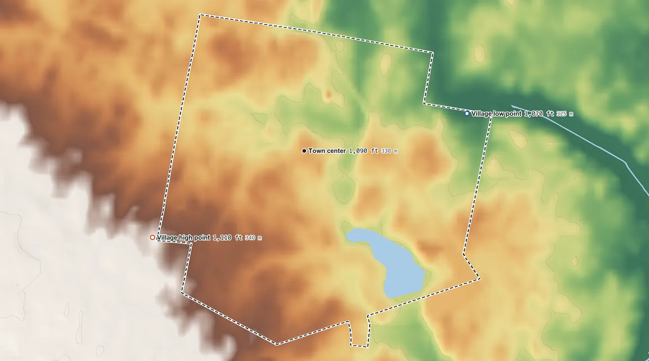 Topographic elevation map of West Mansfield, Ohio, shaded from 1,070 ft on the east side to 1,110 ft on the southwest side