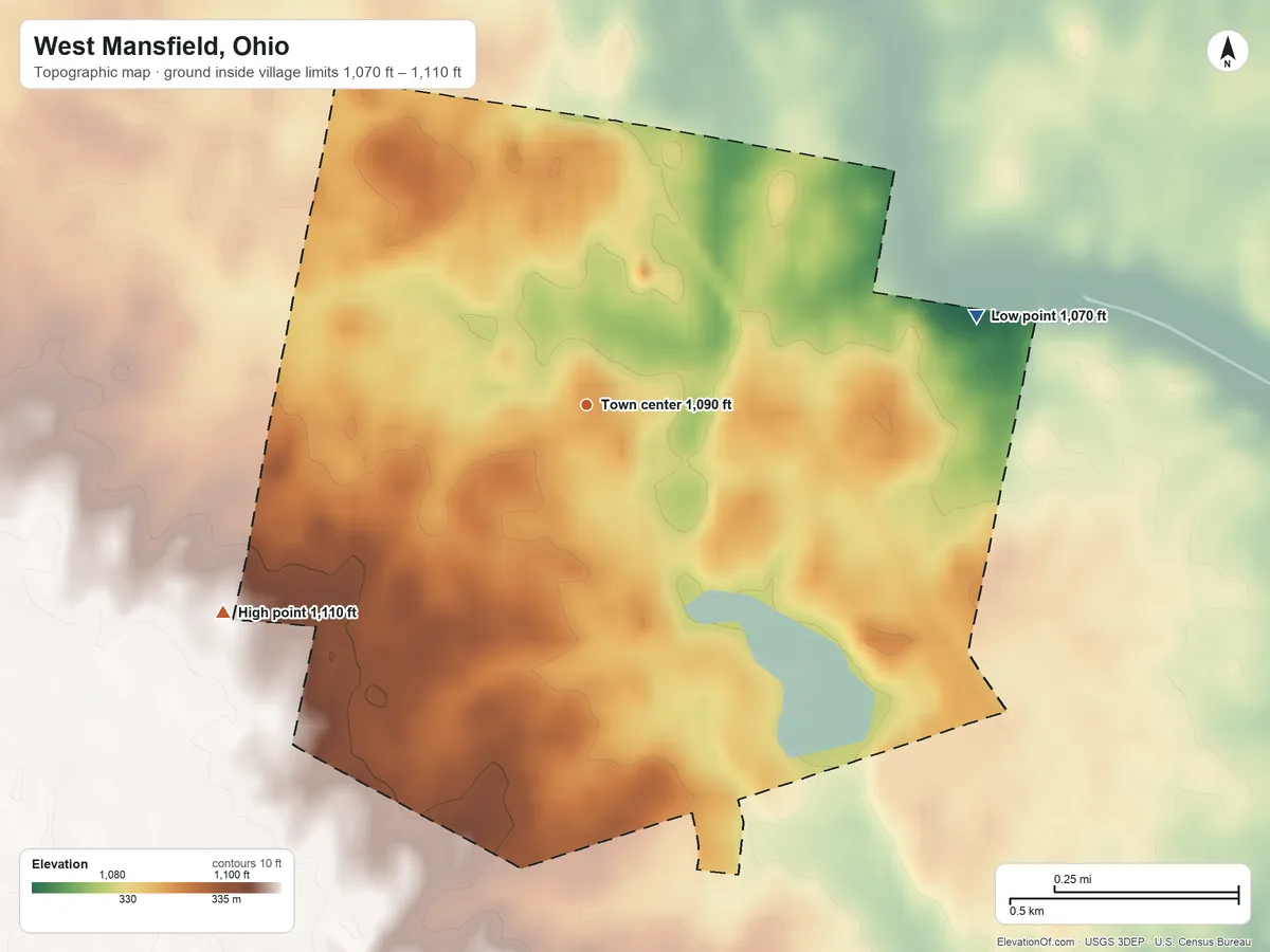 Topographic elevation map of West Mansfield, Ohio, shaded from 1,070 ft on the east side to 1,110 ft on the southwest side