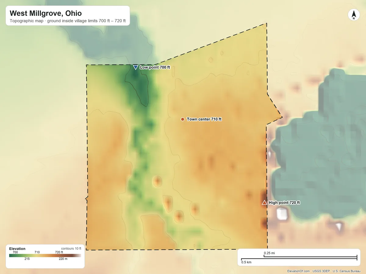 Topographic elevation map of West Millgrove, Ohio, shaded from 700 ft on the northwest side to 720 ft on the southeast side