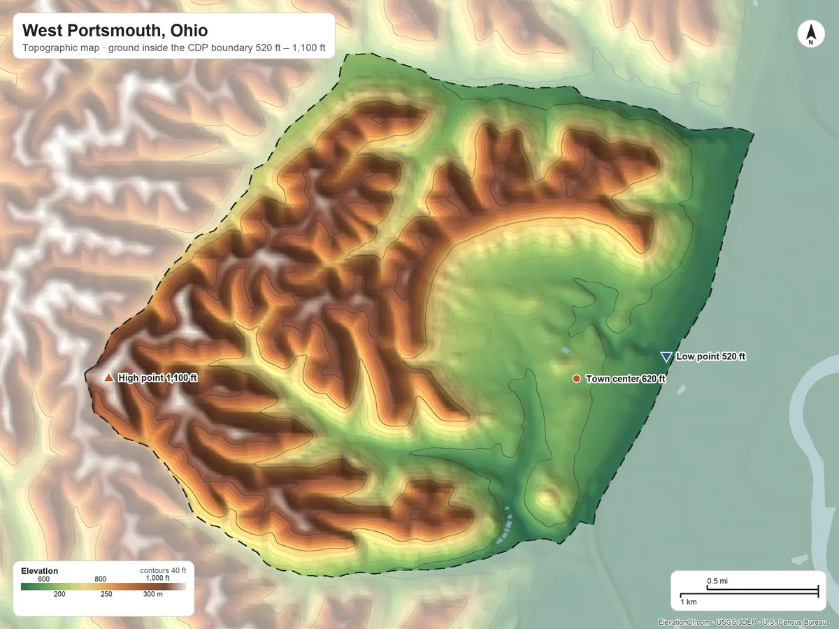 Topographic elevation map of West Portsmouth, Ohio, shaded from 520 ft on the east side to 1,100 ft on the west edge, below higher ground just outside