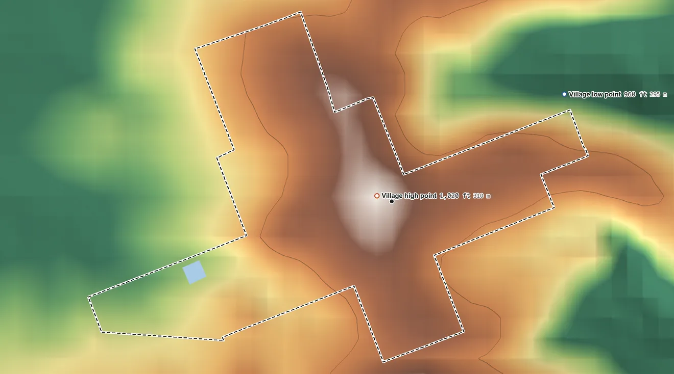 Topographic elevation map of West Rushville, Ohio, shaded from 960 ft on the northeast side to 1,020 ft near the middle