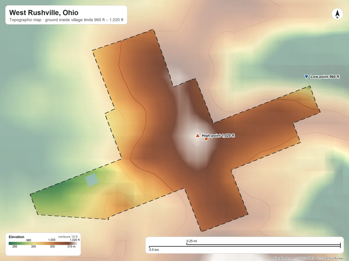 Topographic elevation map of West Rushville, Ohio, shaded from 960 ft on the northeast side to 1,020 ft near the middle