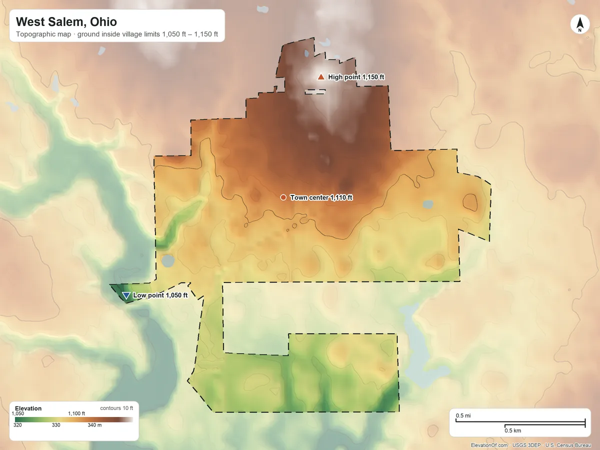 Topographic elevation map of West Salem, Ohio, shaded from 1,050 ft on the southwest side to 1,150 ft on the north side