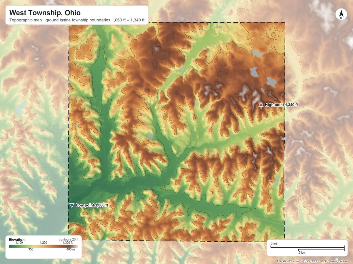 Topographic elevation map of West Township, Ohio, shaded from 1,060 ft on the southwest side to 1,340 ft on the northeast side