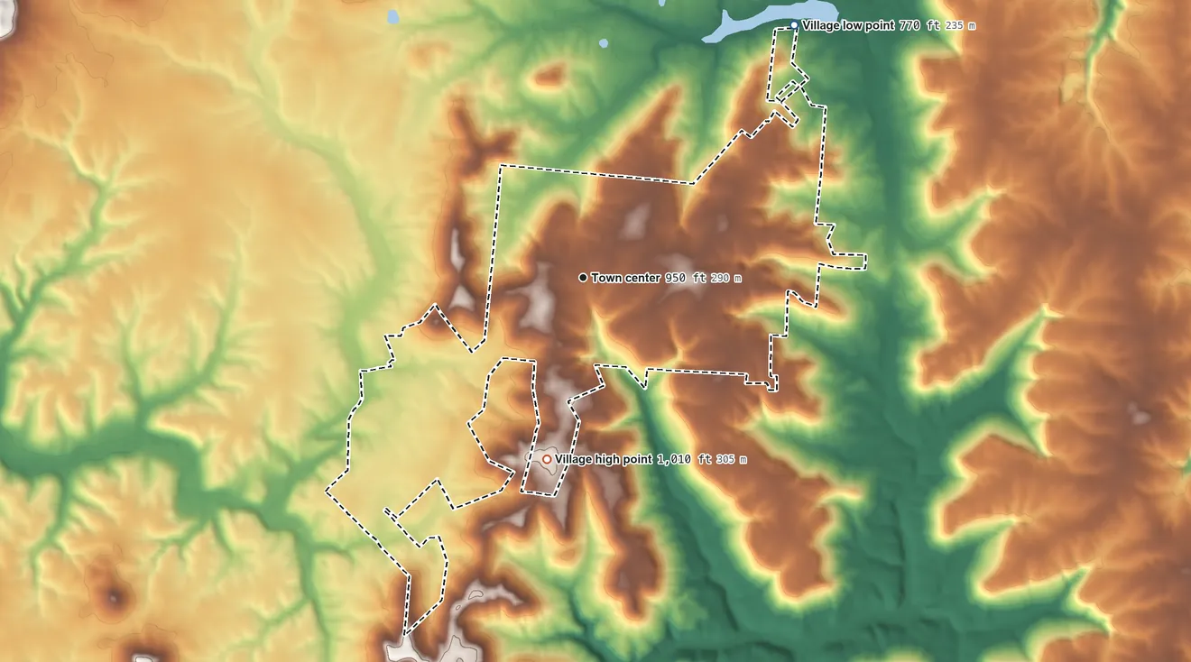 Topographic elevation map of West Union, Ohio, shaded from 770 ft on the northeast side to 1,010 ft on the south side