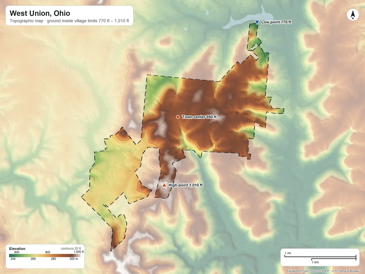 Topographic elevation map of West Union, Ohio, shaded from 770 ft on the northeast side to 1,010 ft on the south side