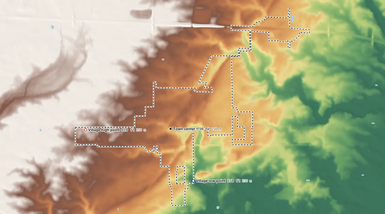 Topographic elevation map of West Unity, Ohio, shaded from 750 ft on the southeast side to 820 ft on the west side