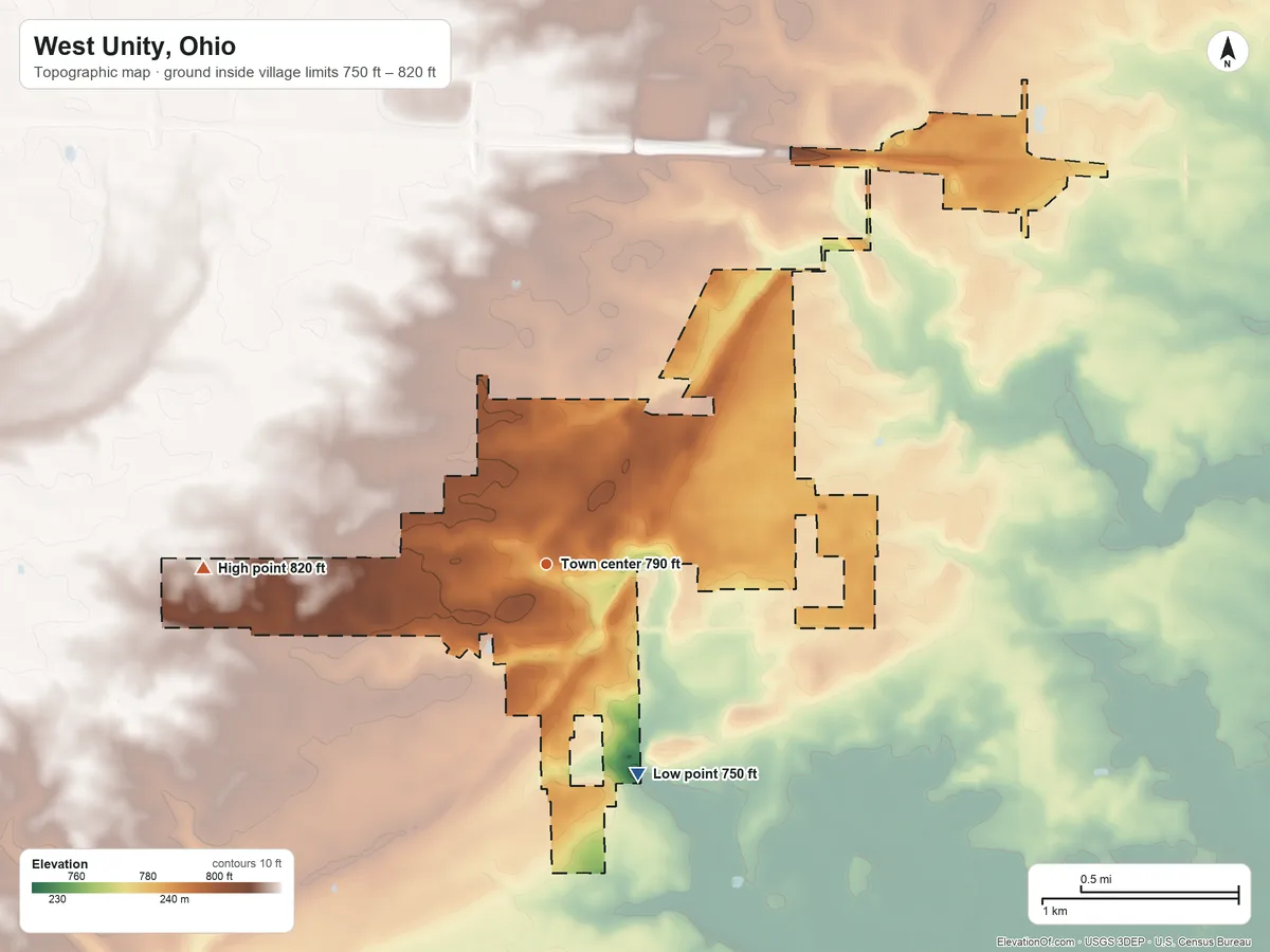 Topographic elevation map of West Unity, Ohio, shaded from 750 ft on the southeast side to 820 ft on the west side