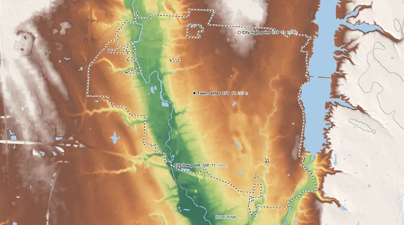 Topographic elevation map of Westerville, Ohio, shaded from 790 ft on the south side to 930 ft on the northeast side