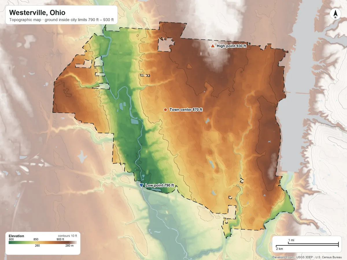 Topographic elevation map of Westerville, Ohio, shaded from 790 ft on the south side to 930 ft on the northeast side