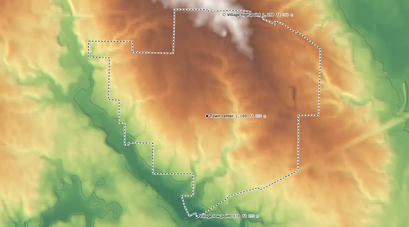 Topographic elevation map of Westfield Center, Ohio, shaded from 970 ft on the south side to 1,180 ft on the north side