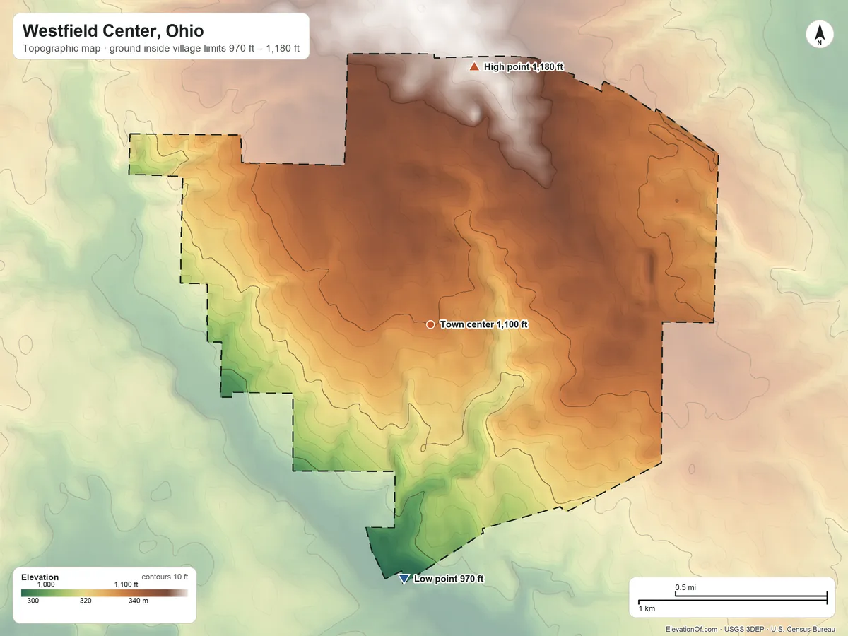 Topographic elevation map of Westfield Center, Ohio, shaded from 970 ft on the south side to 1,180 ft on the north side
